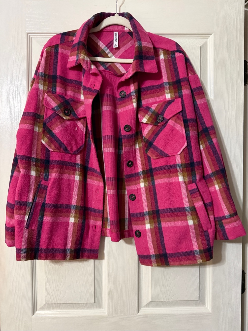 Zenana Outfitters Pink Plaid Button-Up Shacket